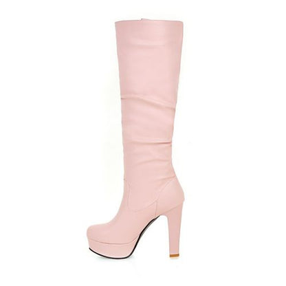 Women PU Leather High Heels Platform Knee High Boots