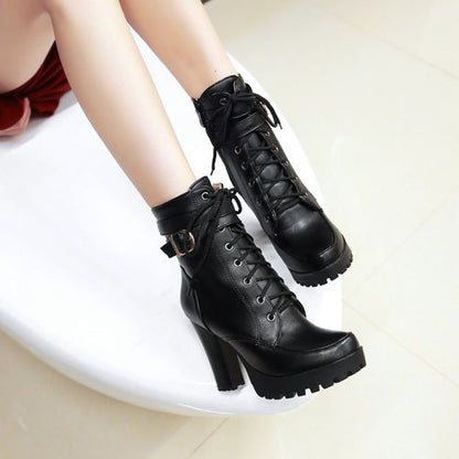 Women's Lace Up Buckle High Heels Platform Short Boots