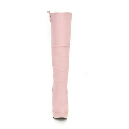 Women PU Leather High Heels Platform Knee High Boots