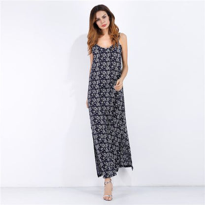 Vintage Crushed Print Sling V-neck Sexy Big-swinging Dress Women Dresses