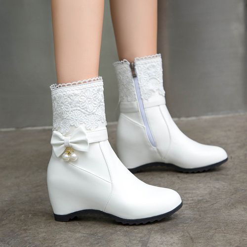 Women Lace Pearl Wedges Short Boots Winter Shoes