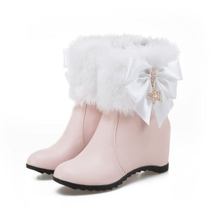 Women Rhinestone Bow Tie High Heels Short Boots Winter Shoes