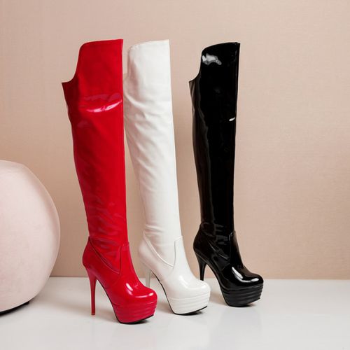 Patent Leather Women High Heel Platform Knee High Boots