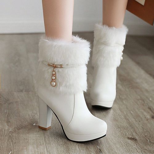 Women's Pearl Furry High Heels Platform Short Boots – meetfun