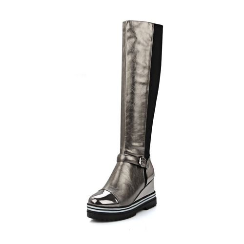 Women Patent Leather Platform Wedges Knee High Boots
