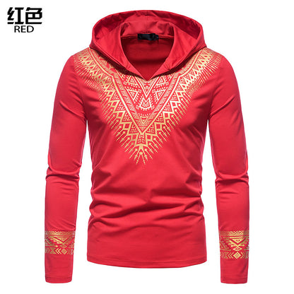 Men's Hollow Ethnic Style Bronzing Hooded Long-sleeved T-shirt