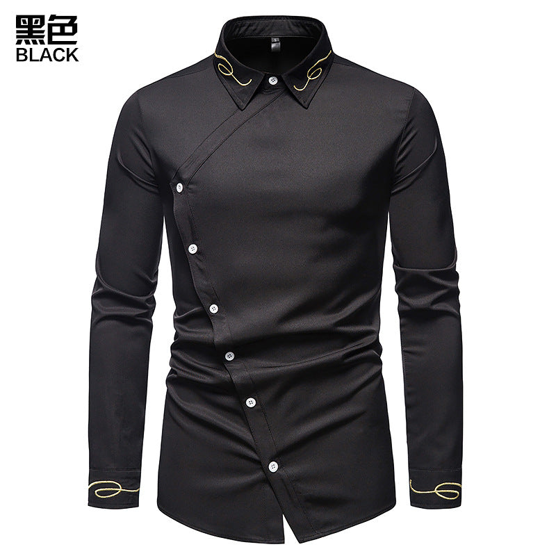 Hollow Men's Embroidered Asymmetric Long-sleeved Denim Shirt