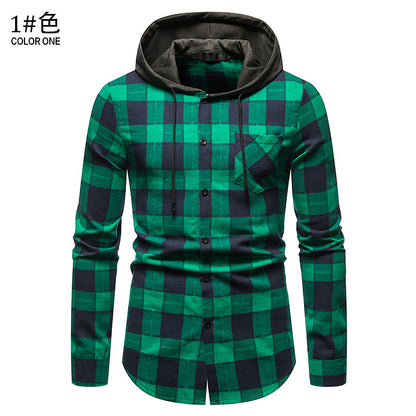 Men's Long Sleeve Hoodie Plaid Flannel Shirt