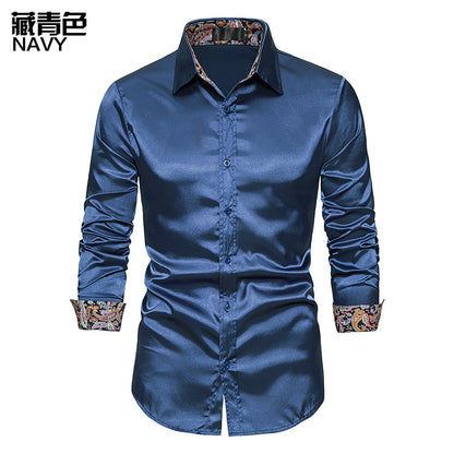 Men's Long Sleeve Satin Shirt Contrast Color Slim Formal Shirt