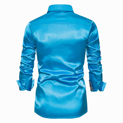 Men's Long Sleeve Satin Shirt Contrast Color Slim Formal Shirt