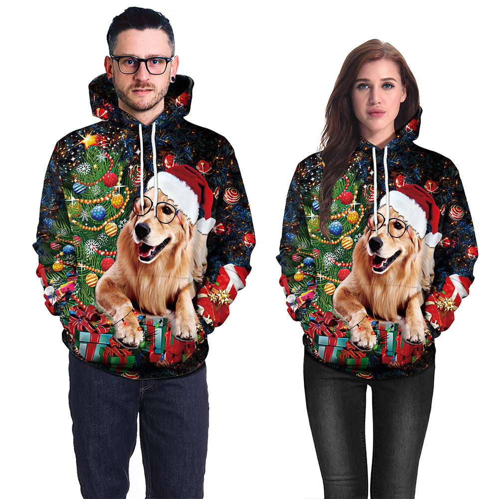 Couple Christmas Animal Print Hooded Pullover Sweatshirt