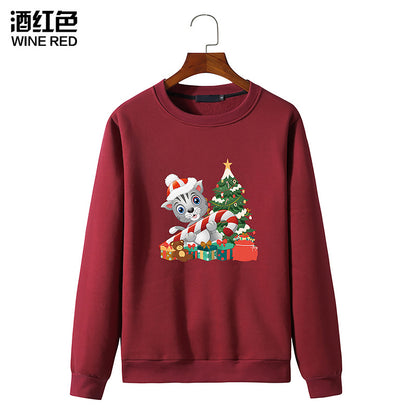 Men's Christmas Cat Print Round Neck Long Sleeve Sweatshirt