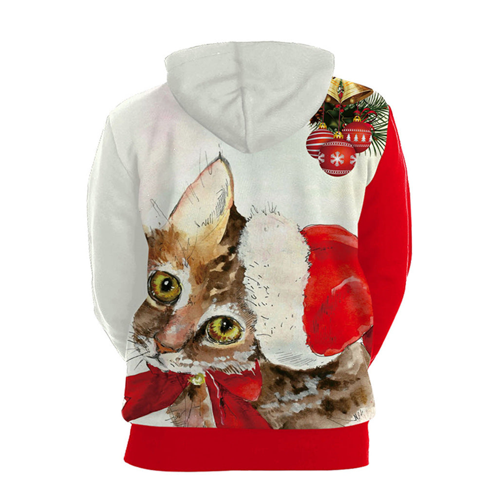 Christmas Cat Print Casual Pullover Hoodie
