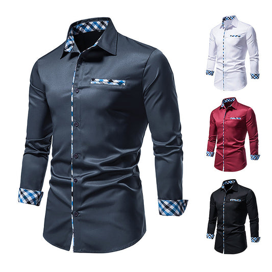 Men's Long Sleeve Contrasting Color Button Shirt Slim Fit Formal Shirt