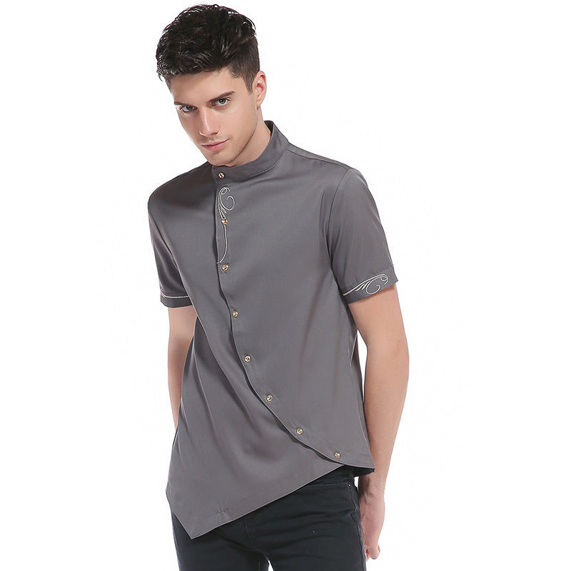 Men's Personality Helical Placket Pointed Hem Tuxedo Short Sleeves Stand-Up Collar Shirts