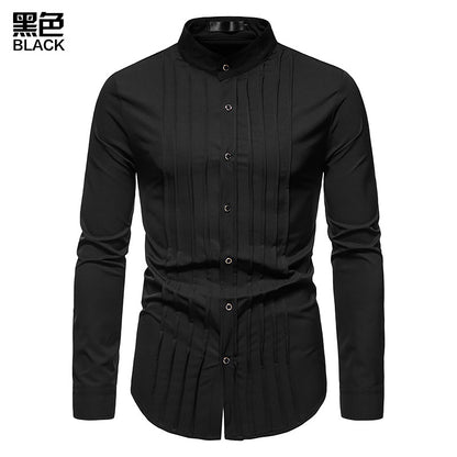 Men's Hollow Long-sleeved Solid Color Retro Slim-fit Formal Shirt