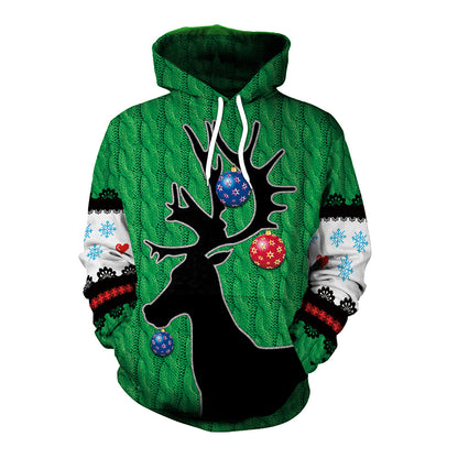 Christmas Couple Elk Print Hooded Long-sleeved Sweater