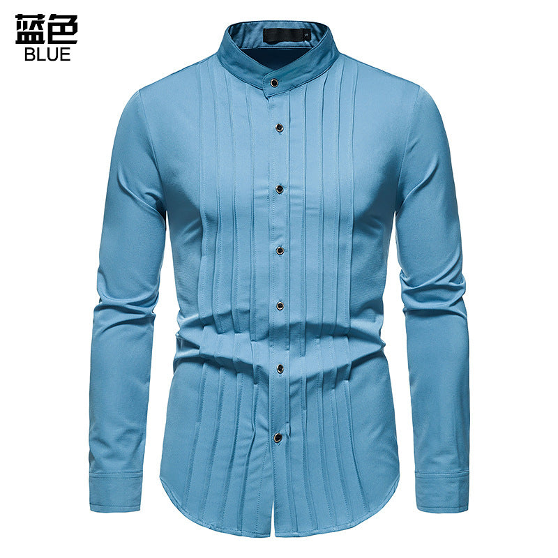 Men's Hollow Long-sleeved Solid Color Retro Slim-fit Formal Shirt