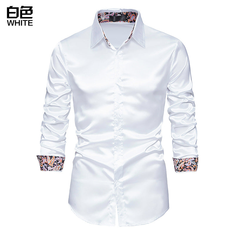 Men's Long Sleeve Satin Shirt Contrast Color Slim Formal Shirt