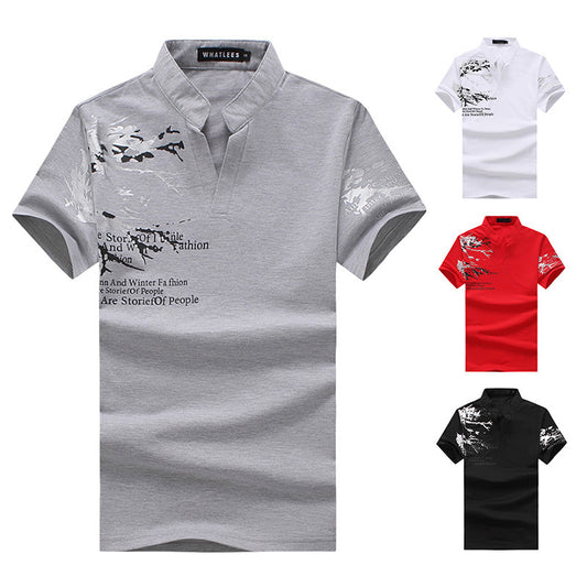 Men's Printing Henry Stand-Up Collar Short Sleeves Plus Size T-shirt