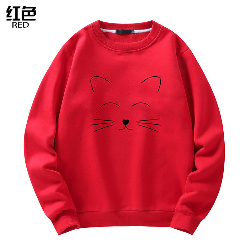 Round Neck Cat Printed Sweater Long Sleeved Sweatshirt