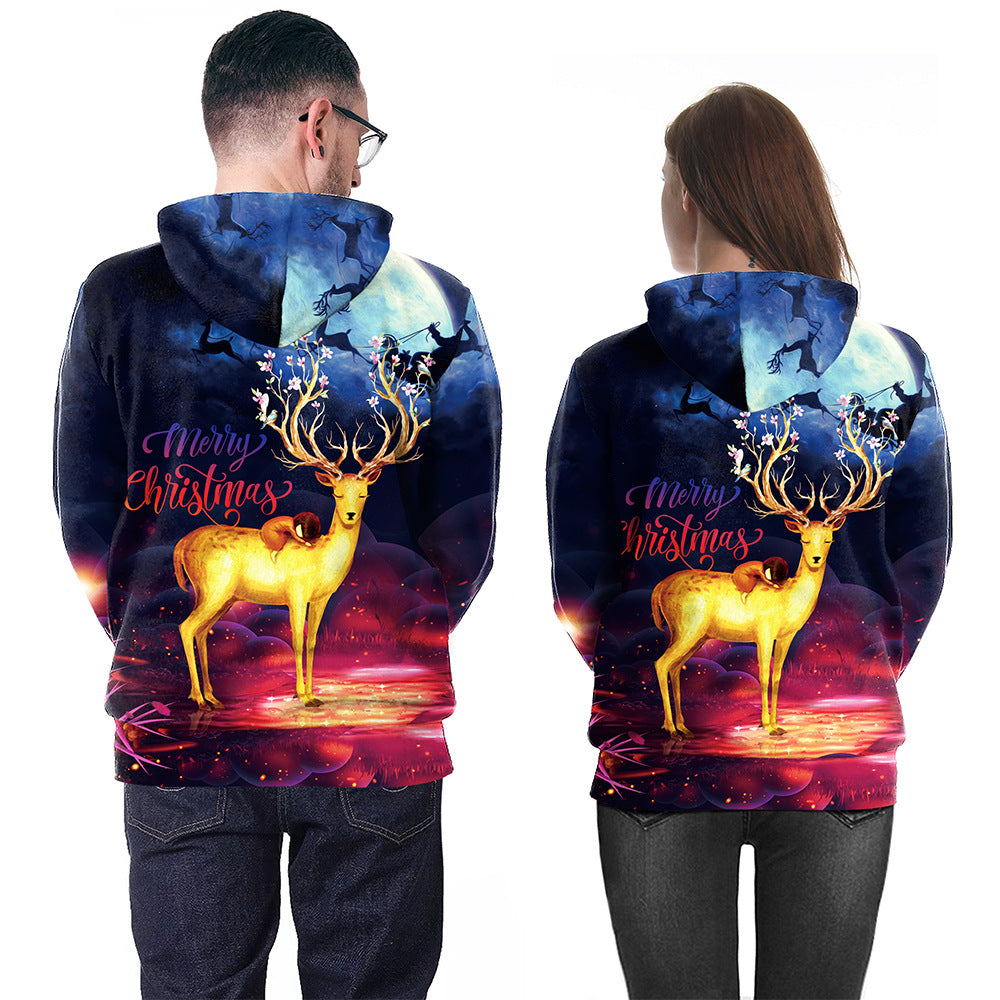 Christmas Couple Printing Casual Pullover Hoodie Sweater