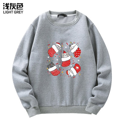 Men's Christmas Cat Print Crew Neck Sweatshirt