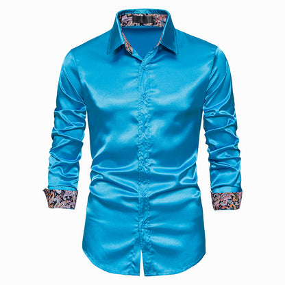 Men's Long Sleeve Satin Shirt Contrast Color Slim Formal Shirt