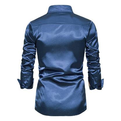 Men's Long Sleeve Satin Shirt Contrast Color Slim Formal Shirt