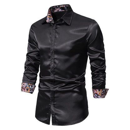 Men's Long Sleeve Satin Shirt Contrast Color Slim Formal Shirt