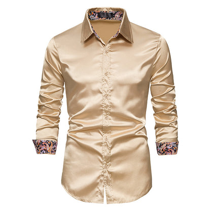 Men's Long Sleeve Satin Shirt Contrast Color Slim Formal Shirt