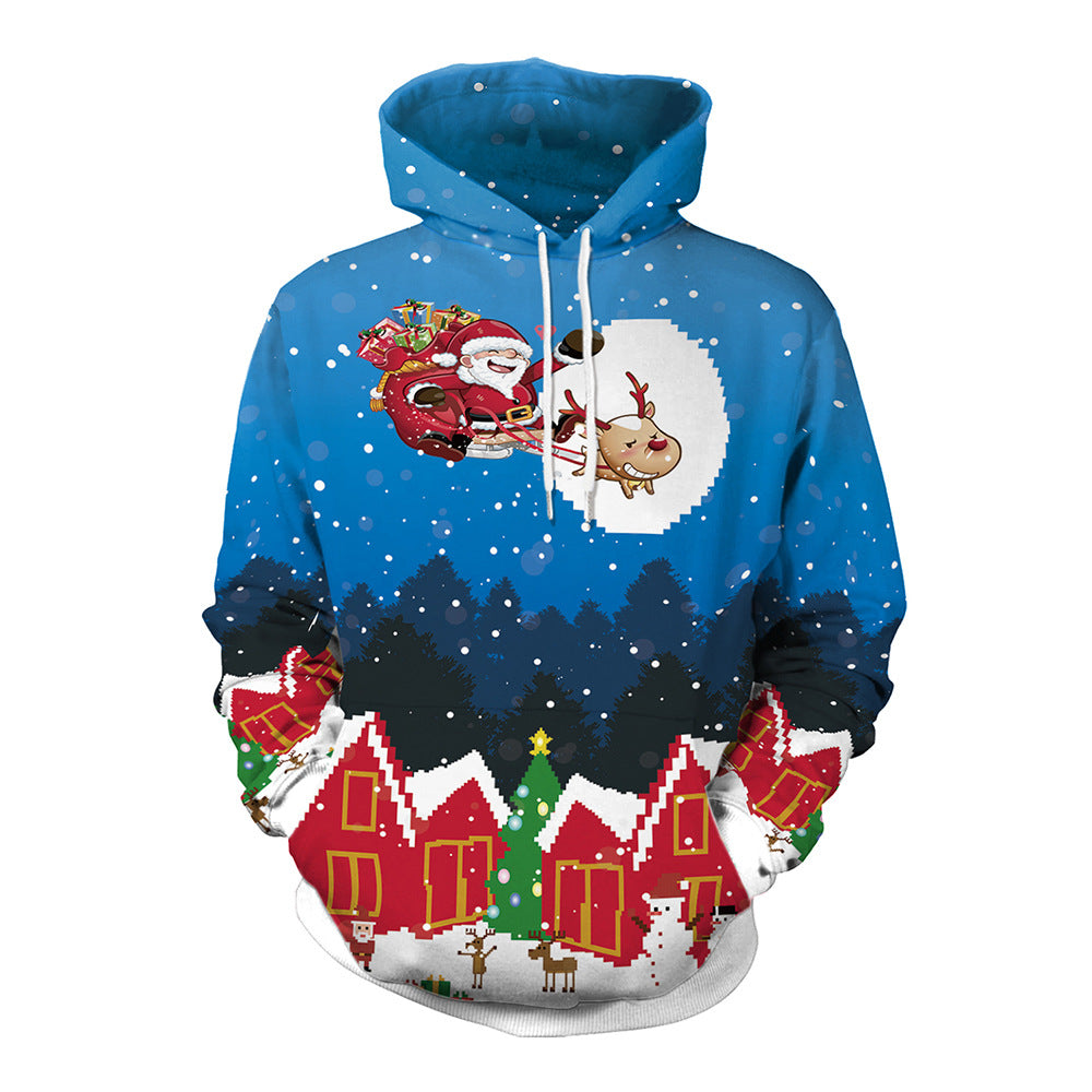 Couple Christmas Print Casual Pullover Hooded Sweater