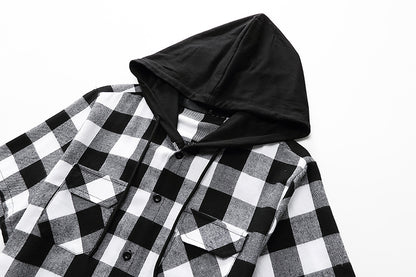 Men's Short Sleeves Hoodie Grid Flannel Shirts