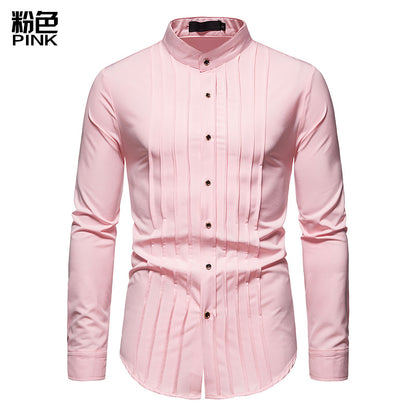 Men's Hollow Long-sleeved Solid Color Retro Slim-fit Formal Shirt