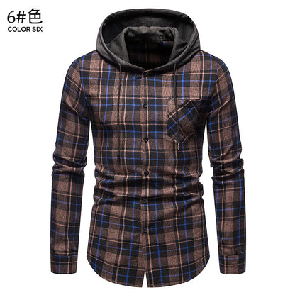 Men's Long Sleeve Hoodie Plaid Flannel Shirt