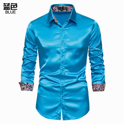 Men's Long Sleeve Satin Shirt Contrast Color Slim Formal Shirt