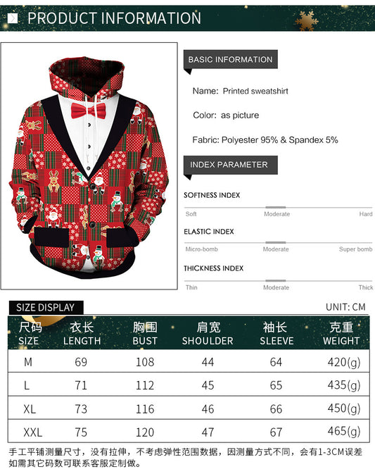 Christmas Fake Two-piece Tie Print Casual Pullover Hooded Sweater