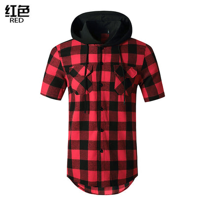 Men's Short Sleeves Hoodie Grid Flannel Shirts