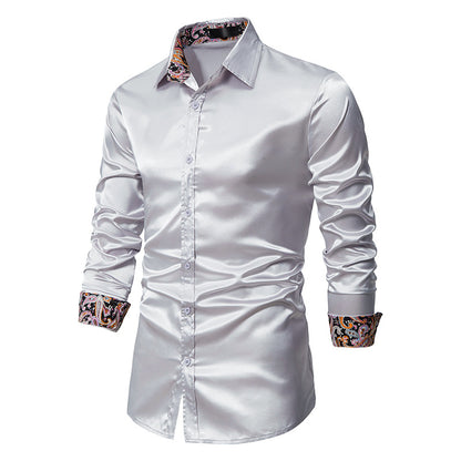 Men's Long Sleeve Satin Shirt Contrast Color Slim Formal Shirt