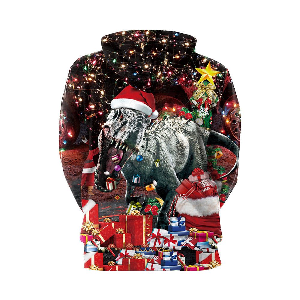 Couple Christmas Dinosaur Print Pullover Hooded Long-sleeved Casual Sweater