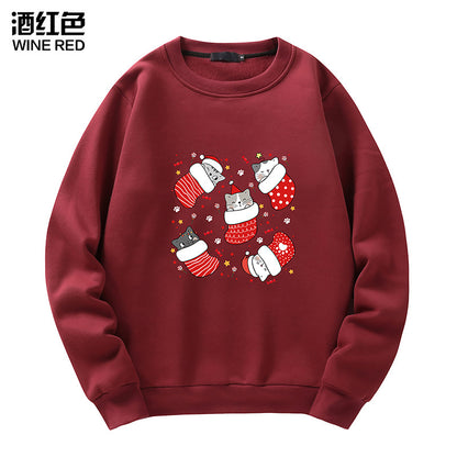 Men's Christmas Cat Print Crew Neck Sweatshirt