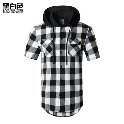 Men's Short Sleeves Hoodie Grid Flannel Shirts