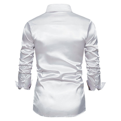 Men's Long Sleeve Satin Shirt Contrast Color Slim Formal Shirt