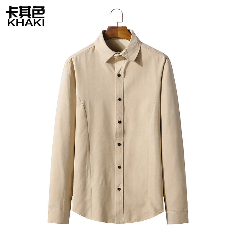 Men's Long-sleeved Solid Color Retro Button-down Shirt Slim-fit Formal Shirt