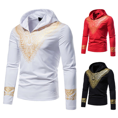 Men's Hollow Ethnic Style Bronzing Hooded Long-sleeved T-shirt