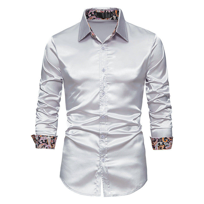 Men's Long Sleeve Satin Shirt Contrast Color Slim Formal Shirt