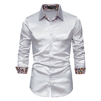 Men's Long Sleeve Satin Shirt Contrast Color Slim Formal Shirt