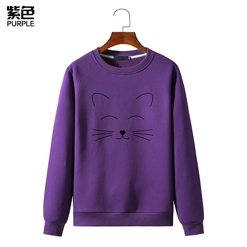 Round Neck Cat Printed Long Sleeved Sweatshirt