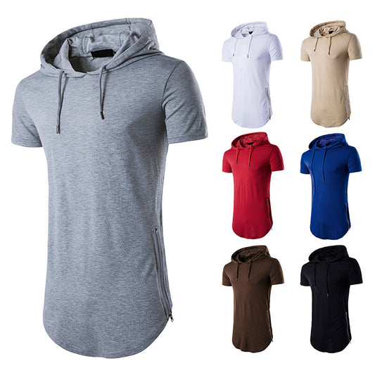 Men's Double Zipper Street Style Hip-Hop Long Hooded Short Sleeves T-shirt