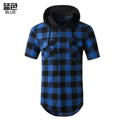 Men's Short Sleeves Hoodie Grid Flannel Shirts